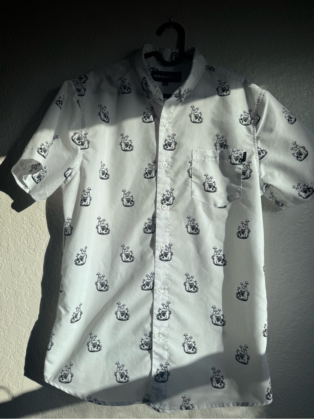 Short-Sleeve White Button-Down Shirt with Black Print
